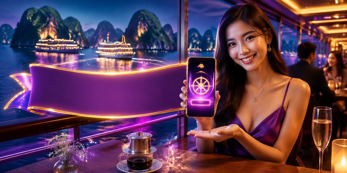 Người dùng trải nghiệm casino di động trên thuyền tại Hạ Long Bay buổi chiều